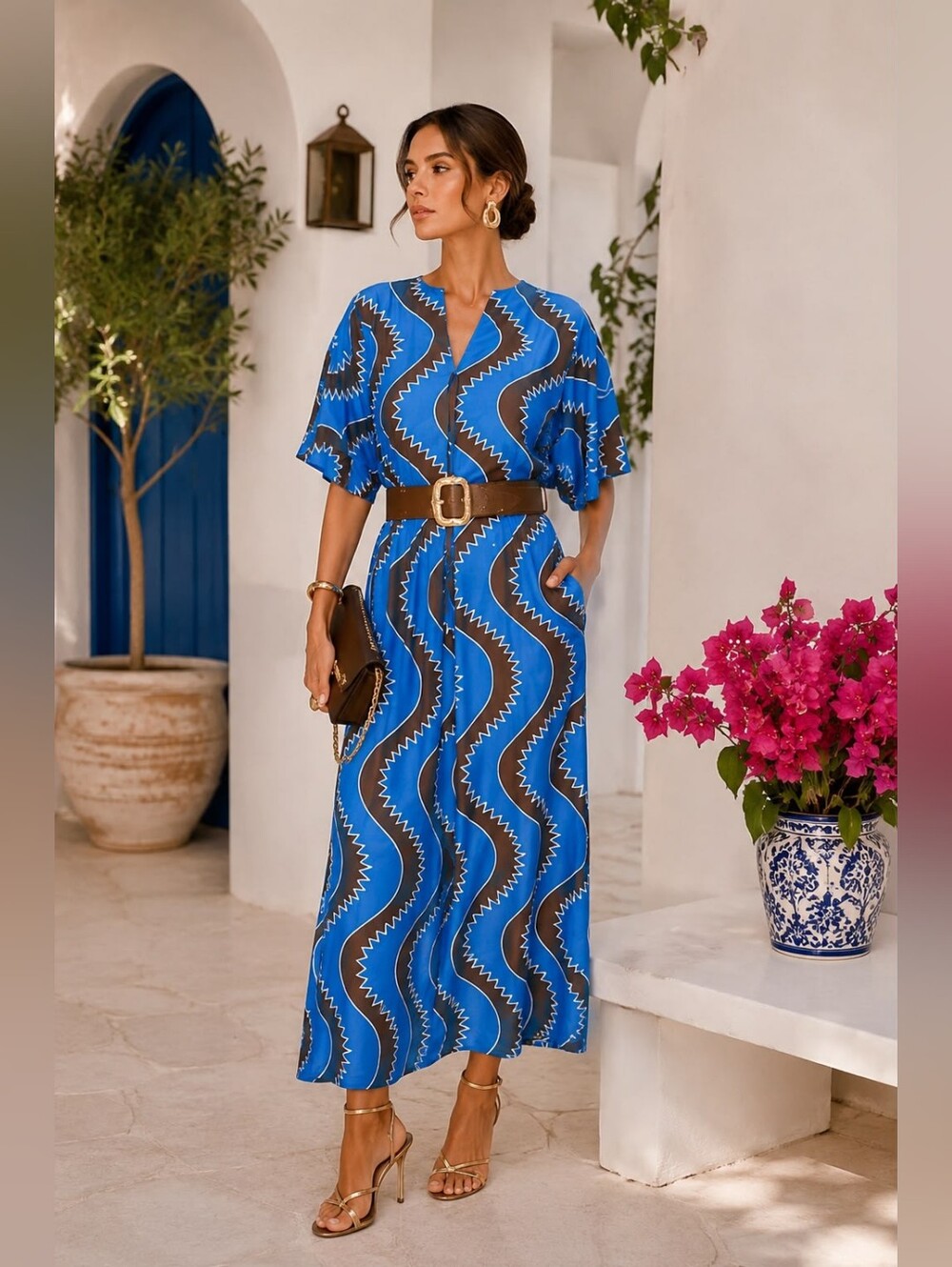ER 1 Imported From Italy Blue Brown Wave-Print Midi Dress
